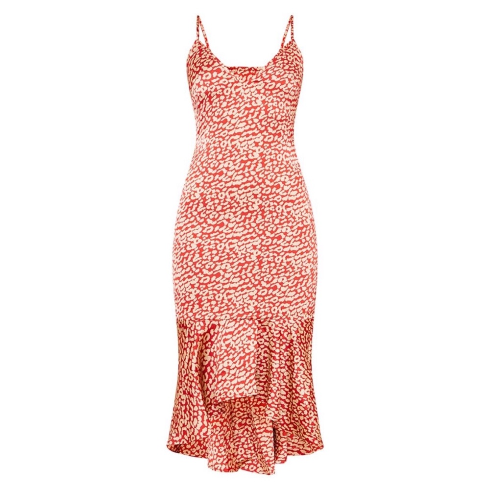 PrettyLittleThing; PLT; Red Leopard Print Frill Hem Midi Dress; Size: US 4